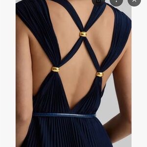St. John Navy Crossed Pleated Gown